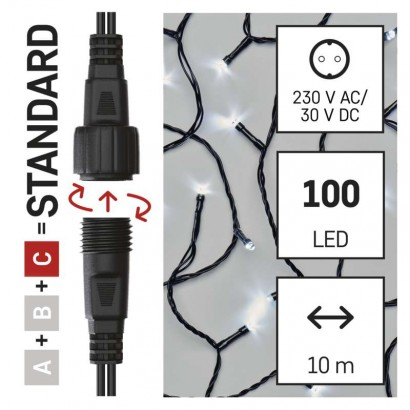 Standard LED spojovací vánoční řetěz, 10 m, venkovní i vnitřní, studená bílá, časovač