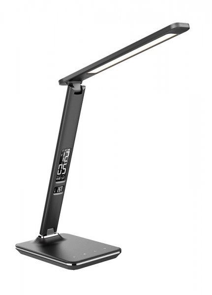 LED stolní lampička s displayem, 9W, volba teploty světla, kůže, černá