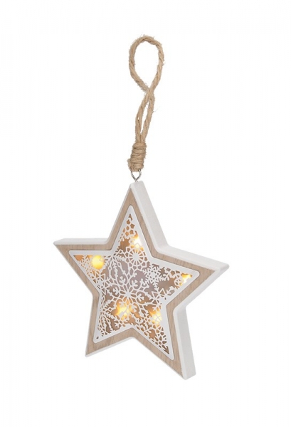 LED vánoční hvězda, dřevěný dekor, 6LED, teplá bílá, 2x AAA