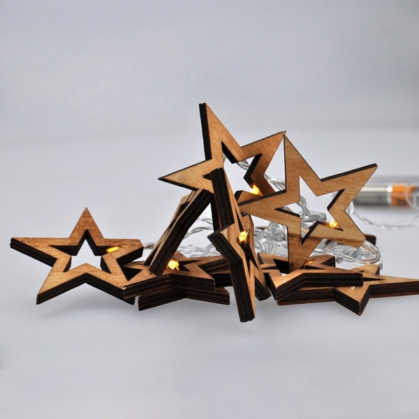 LED řetěz vánoční hvězdy dřevěné, 10LED řetěz, 1m, 2xAA, IP20