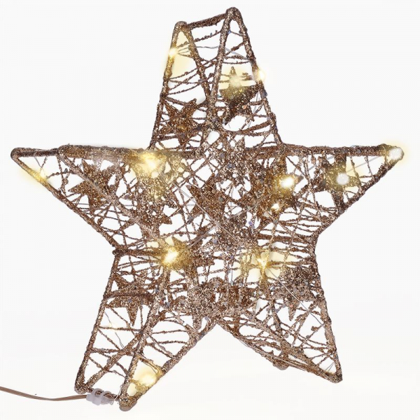 Vánoční hvězda glitter, zlatá, kovová, 14x LED, 2x AA